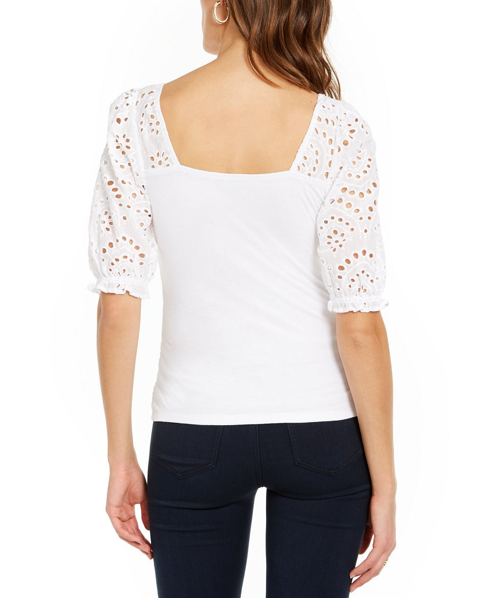 INC International Concepts Blusa feminina com mangas franzidas e ilhós, tamanho X-G, branca