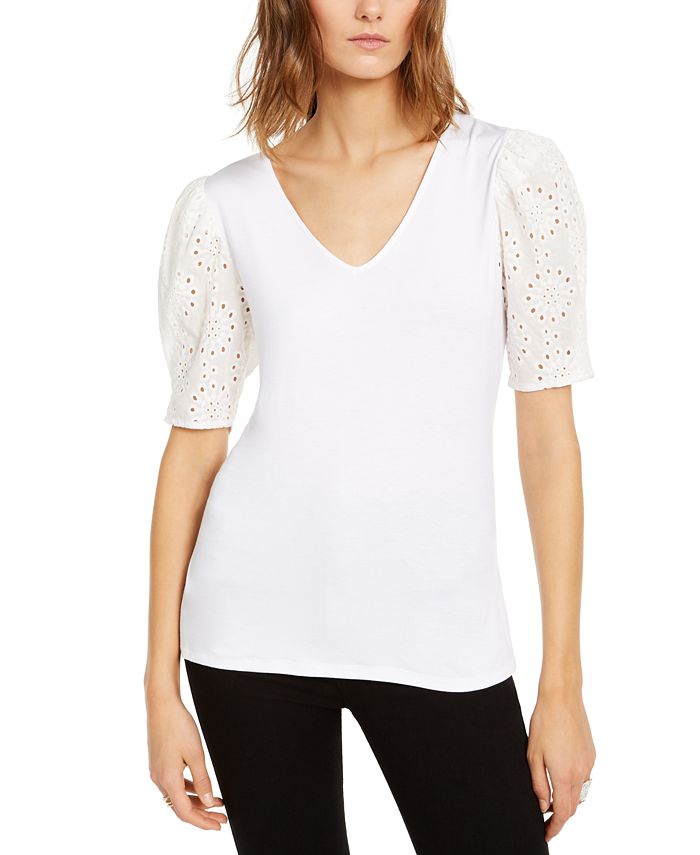 Blusa feminina INC International Concepts com manga bufante e ilhós, branca, tamanho pequeno médio