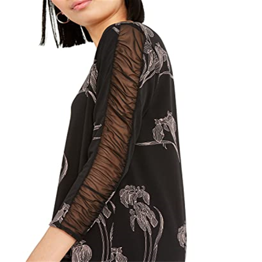 Blusa feminina Alfani preta com estampa floral e manga franzida, tamanho grande
