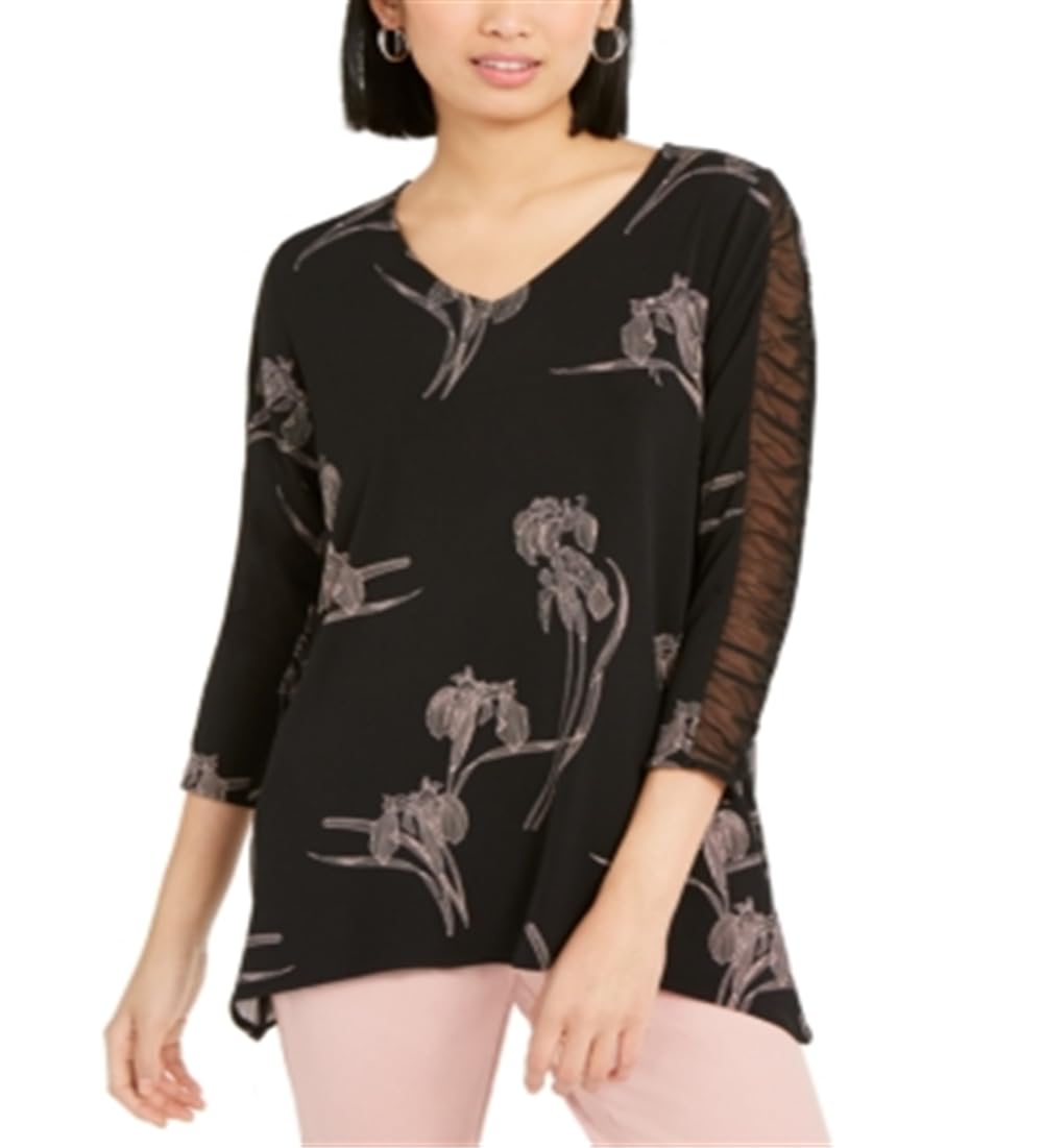 Blusa feminina Alfani preta com estampa floral e manga franzida, tamanho grande