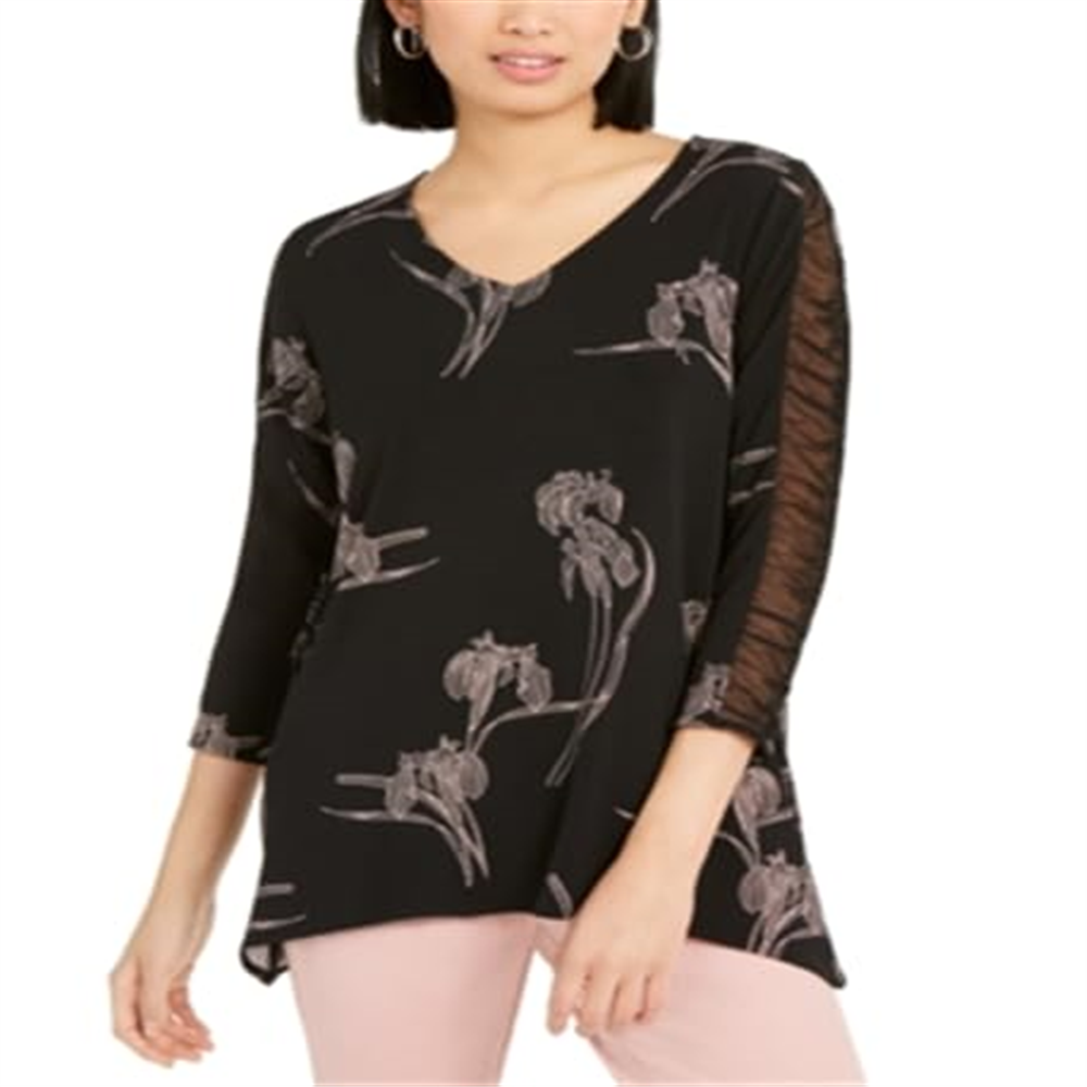 Blusa feminina Alfani preta com estampa floral e manga franzida, tamanho grande