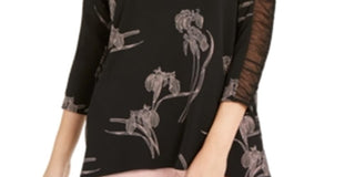 Blusa feminina Alfani preta com estampa floral e manga franzida, tamanho grande