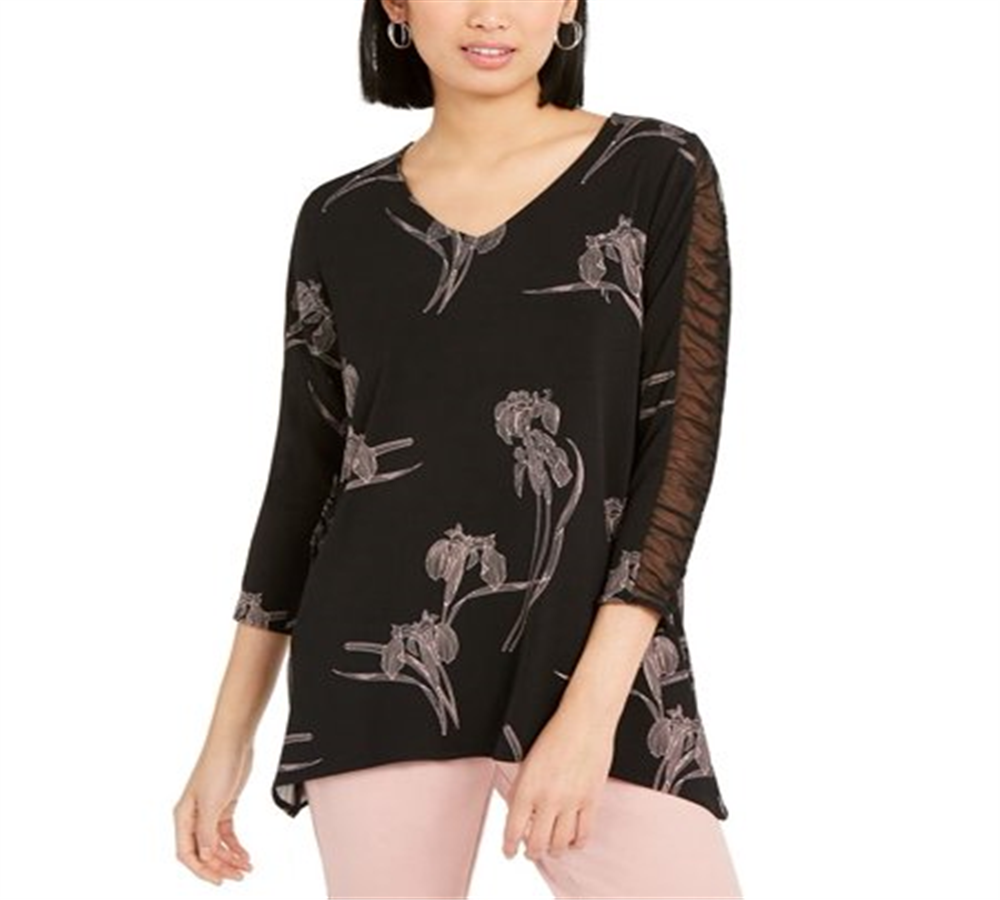 Blusa feminina Alfani preta com estampa floral e manga franzida, tamanho grande