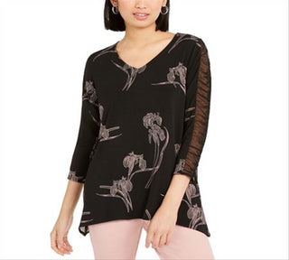 Blusa feminina Alfani preta com estampa floral e manga franzida, tamanho grande
