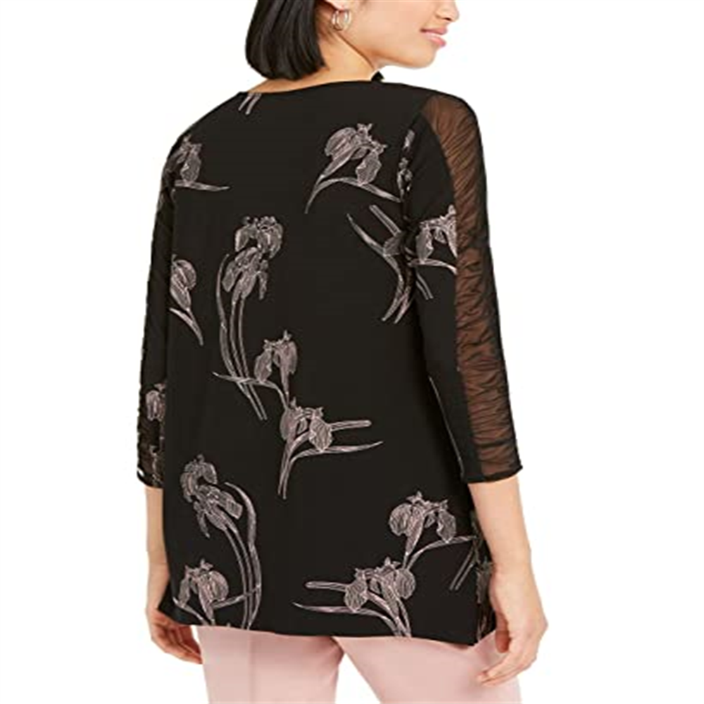 Blusa feminina Alfani preta com estampa floral e manga franzida, tamanho grande