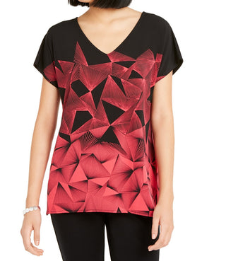 Blusa túnica feminina Alfani com estampa geométrica e decote em V, 2 tons, preta, tamanho extragrande