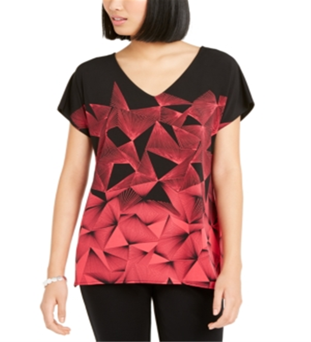 Blusa túnica feminina Alfani com estampa geométrica e decote em V, 2 tons, preta, tamanho extragrande