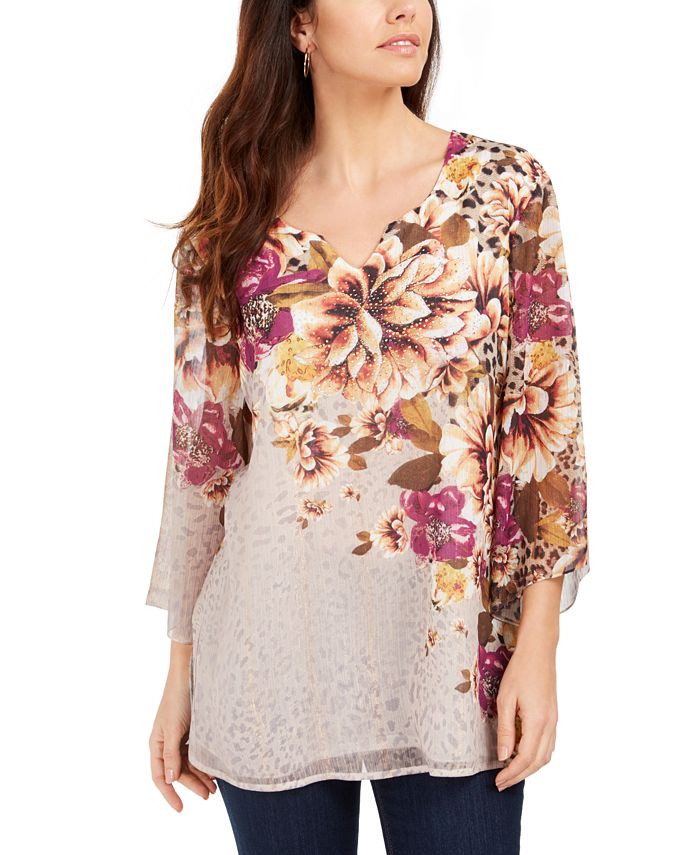 Blusa feminina estampada com manga anjo da coleção JM, marrom, tamanho XX-G
