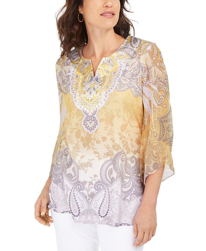 JM Collection Top Feminino com Decote Redondo e Detalhe Amarelo Tamanho P