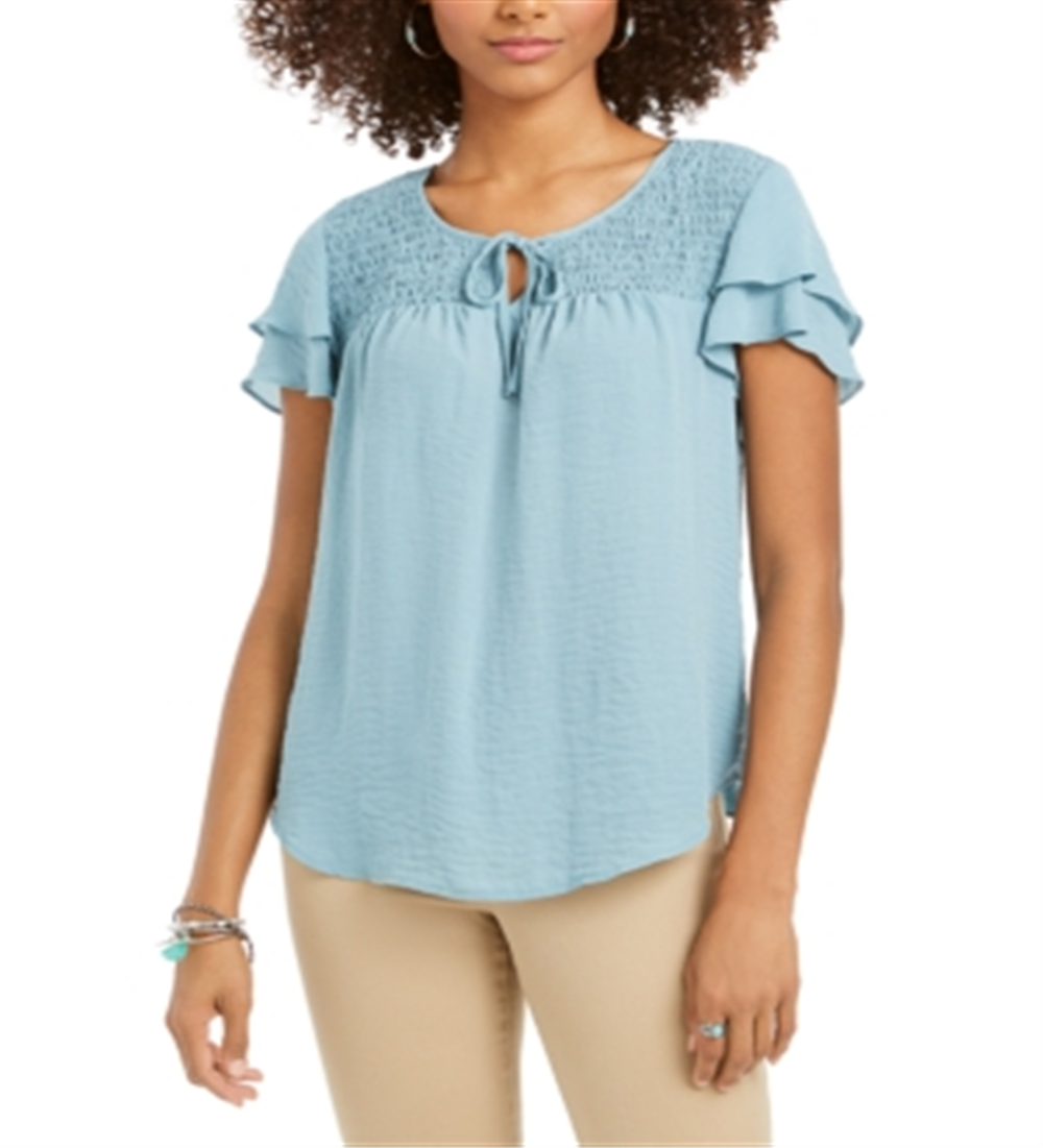 Blusa feminina estilo &amp; co com mangas bufantes e franzidas, azul, tamanho médio