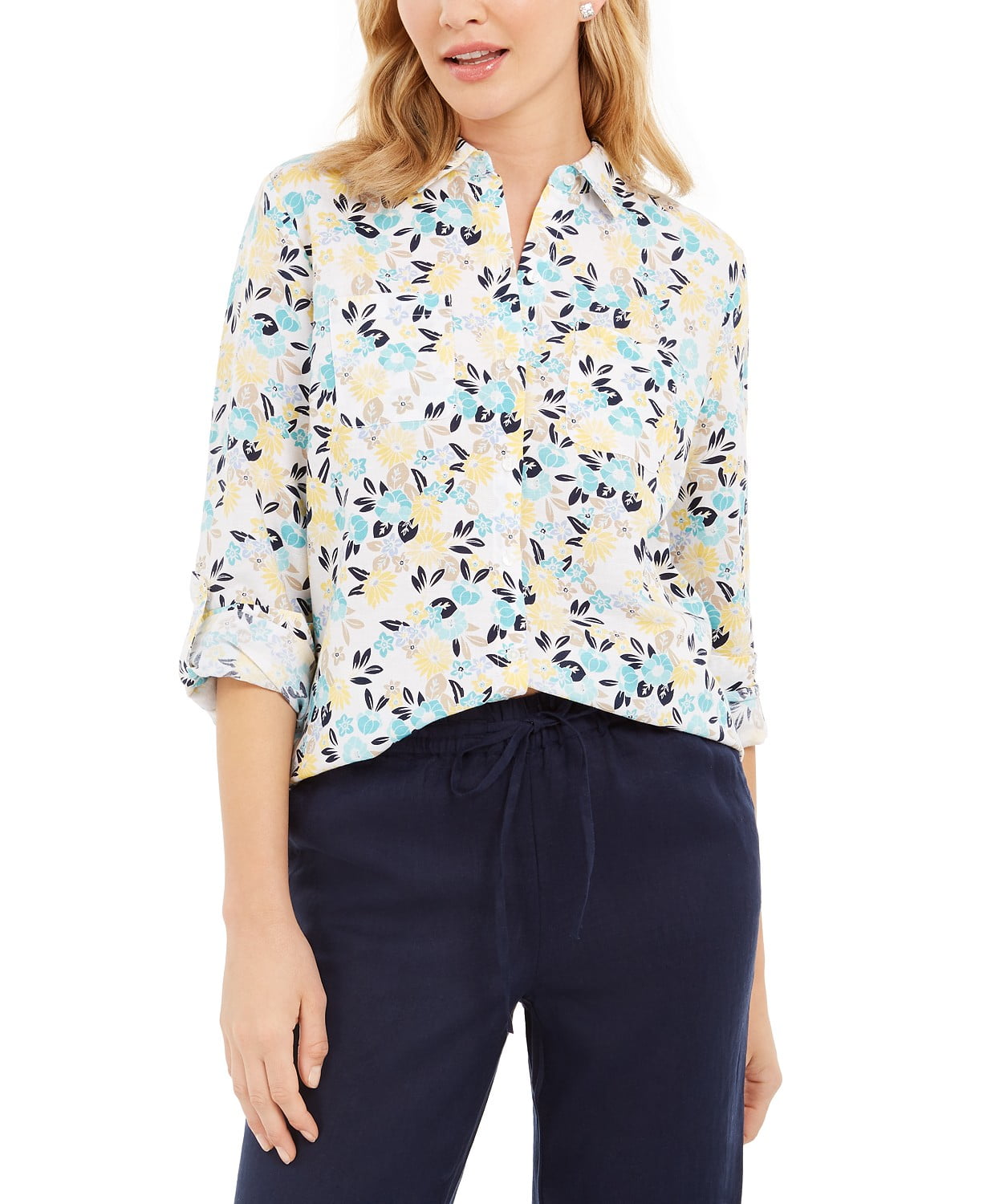 Camisa feminina branca de algodão com estampa floral, tamanho médio, Charter Club