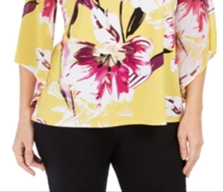 Túnica feminina estampada em chiffon com manga e colar JM Collection, amarela, tamanho XX-G
