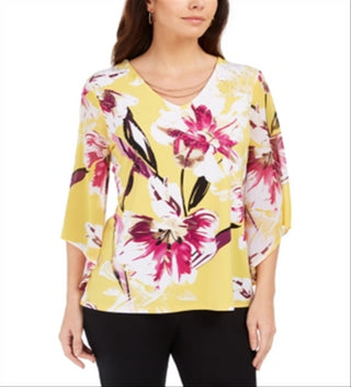 Túnica feminina estampada em chiffon com manga e colar JM Collection, amarela, tamanho XX-G