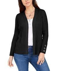 Cardigan feminino canelado com manga de botão e gola redonda, tamanho grande, preto, da coleção JM