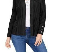 Cardigan feminino canelado com manga de botão e gola redonda, tamanho grande, preto, da coleção JM