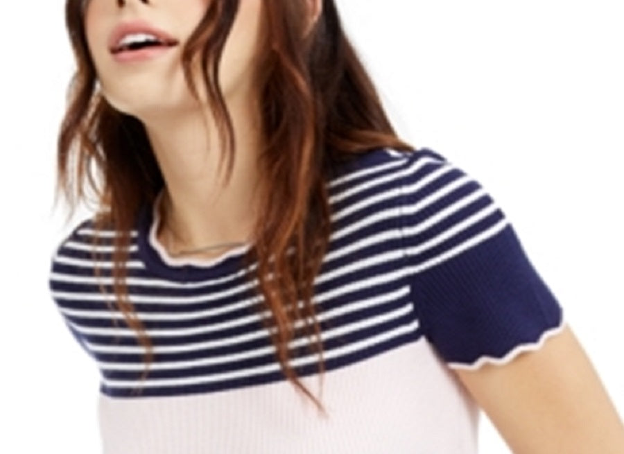 Camiseta feminina Maison Jules com listras coloridas e manga curta e gola redonda, tamanho X-G