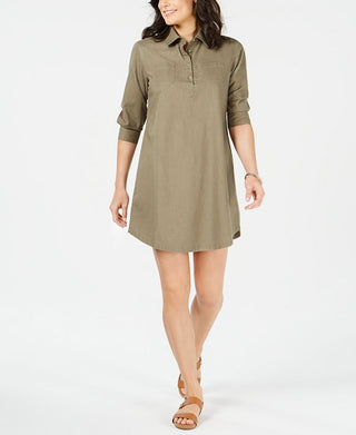 Vestido feminino Karen Scott de algodão com decote dividido e manga curta, tamanho pequeno, verde, tamanho extrapequeno