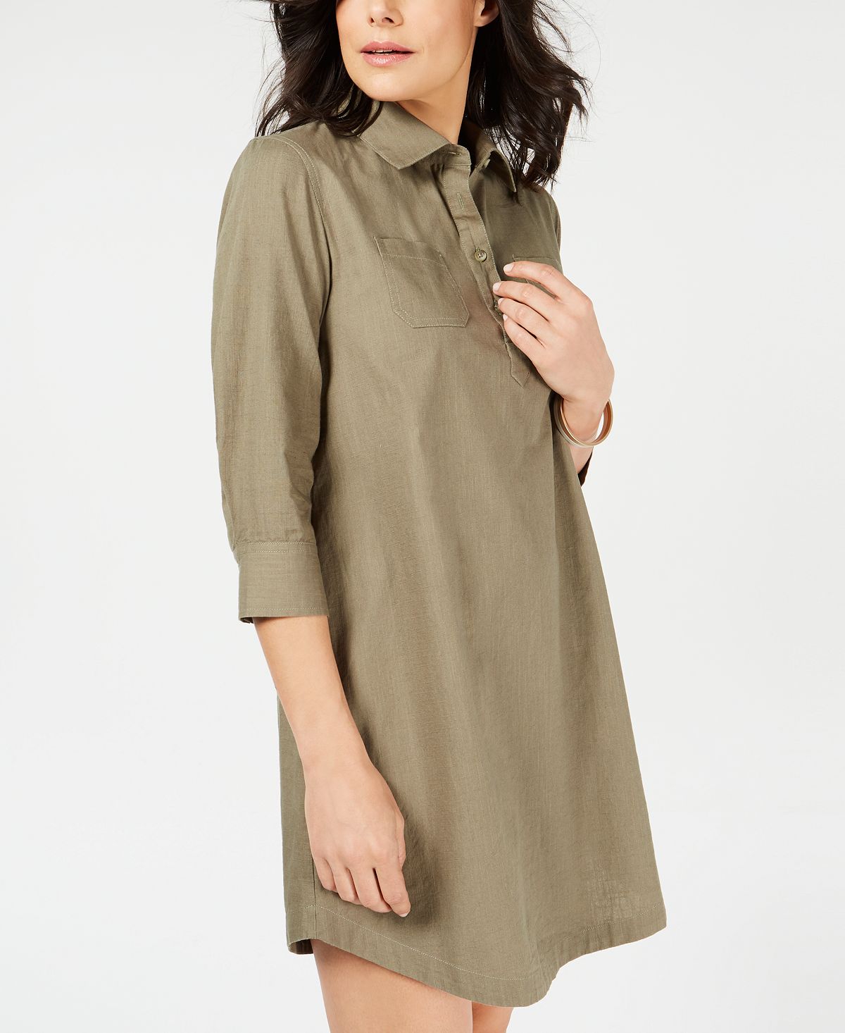 Vestido feminino Karen Scott de algodão com decote dividido e manga curta, tamanho pequeno, verde, tamanho extrapequeno