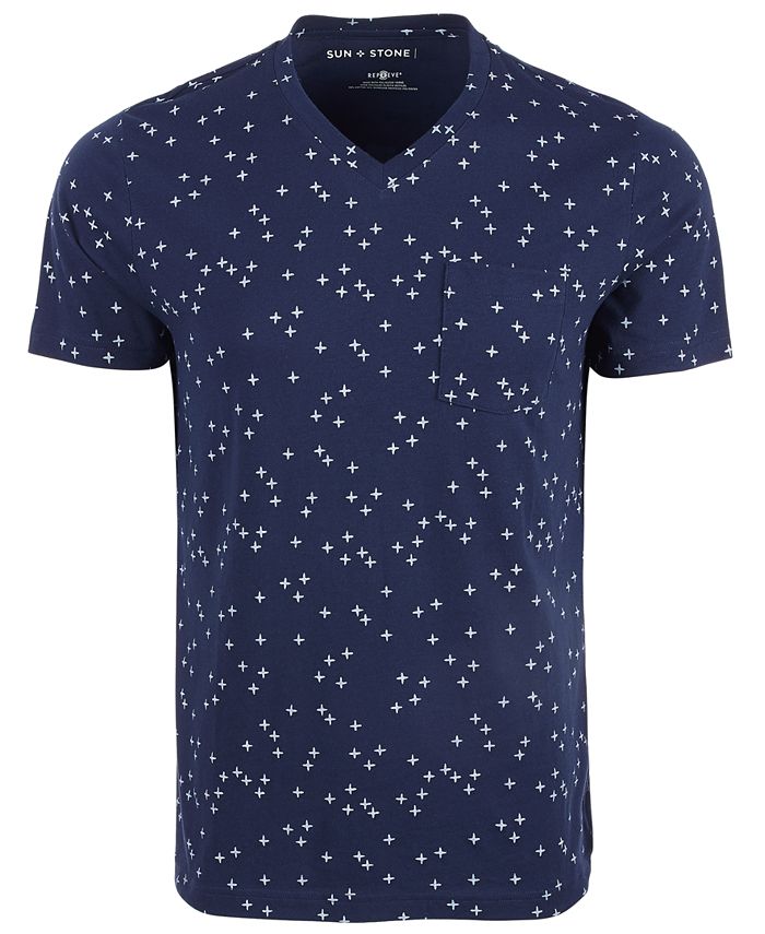 Camiseta masculina Sun + Stone com estampa cruzada e gola redonda, tamanho grande, azul