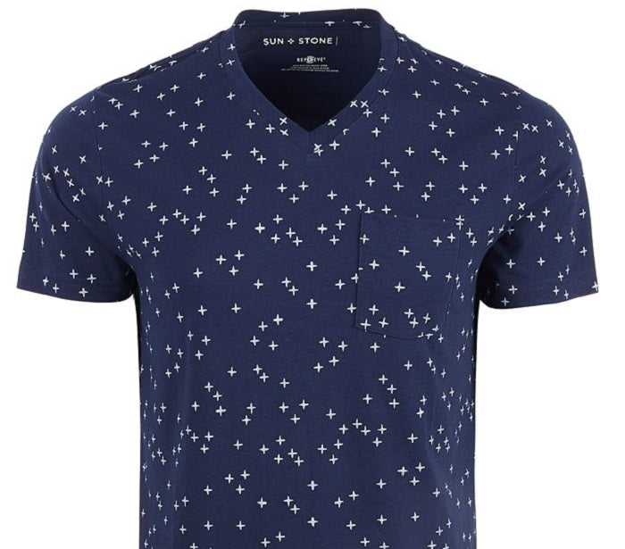 Camiseta masculina Sun + Stone com estampa cruzada e gola redonda, tamanho grande, azul