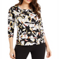 JM Collection Blusa feminina de jacquard com estampa floral e decote redondo, preta/amarela, tamanho pequeno