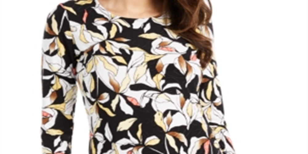 JM Collection Blusa feminina de jacquard com estampa floral e decote redondo, preta/amarela, tamanho pequeno