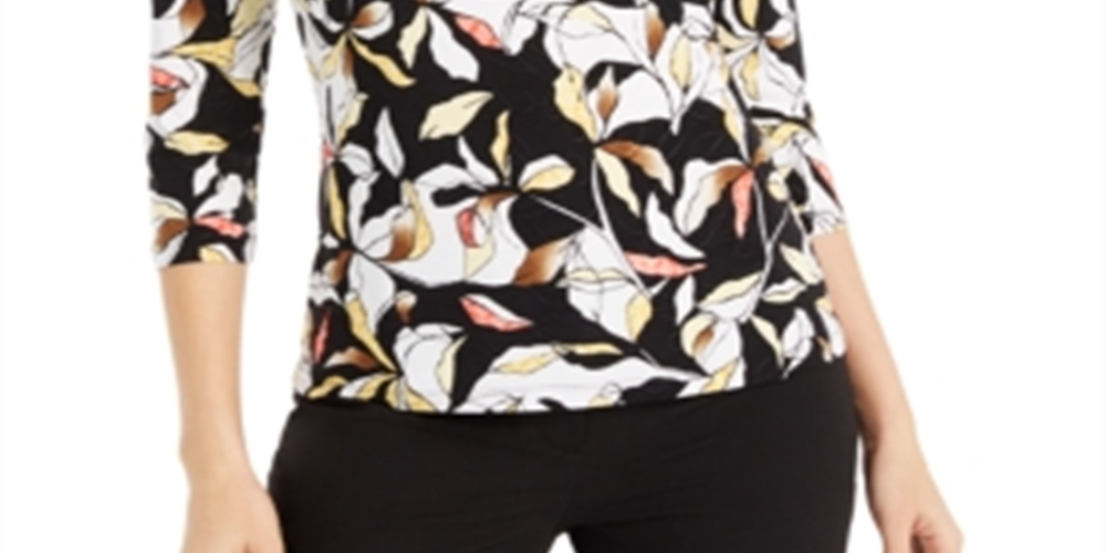 JM Collection Blusa feminina de jacquard com estampa floral e decote redondo, preta/amarela, tamanho pequeno