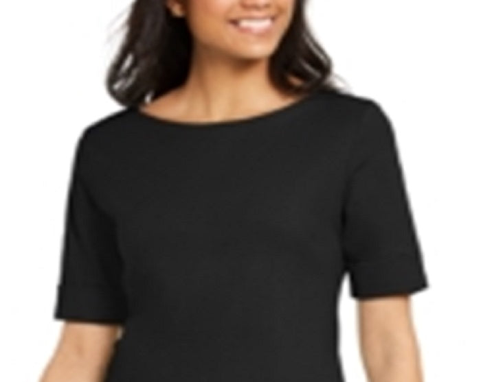 Vestido feminino Karen Scott de algodão com mangas e punhos, preto, tamanho pequeno