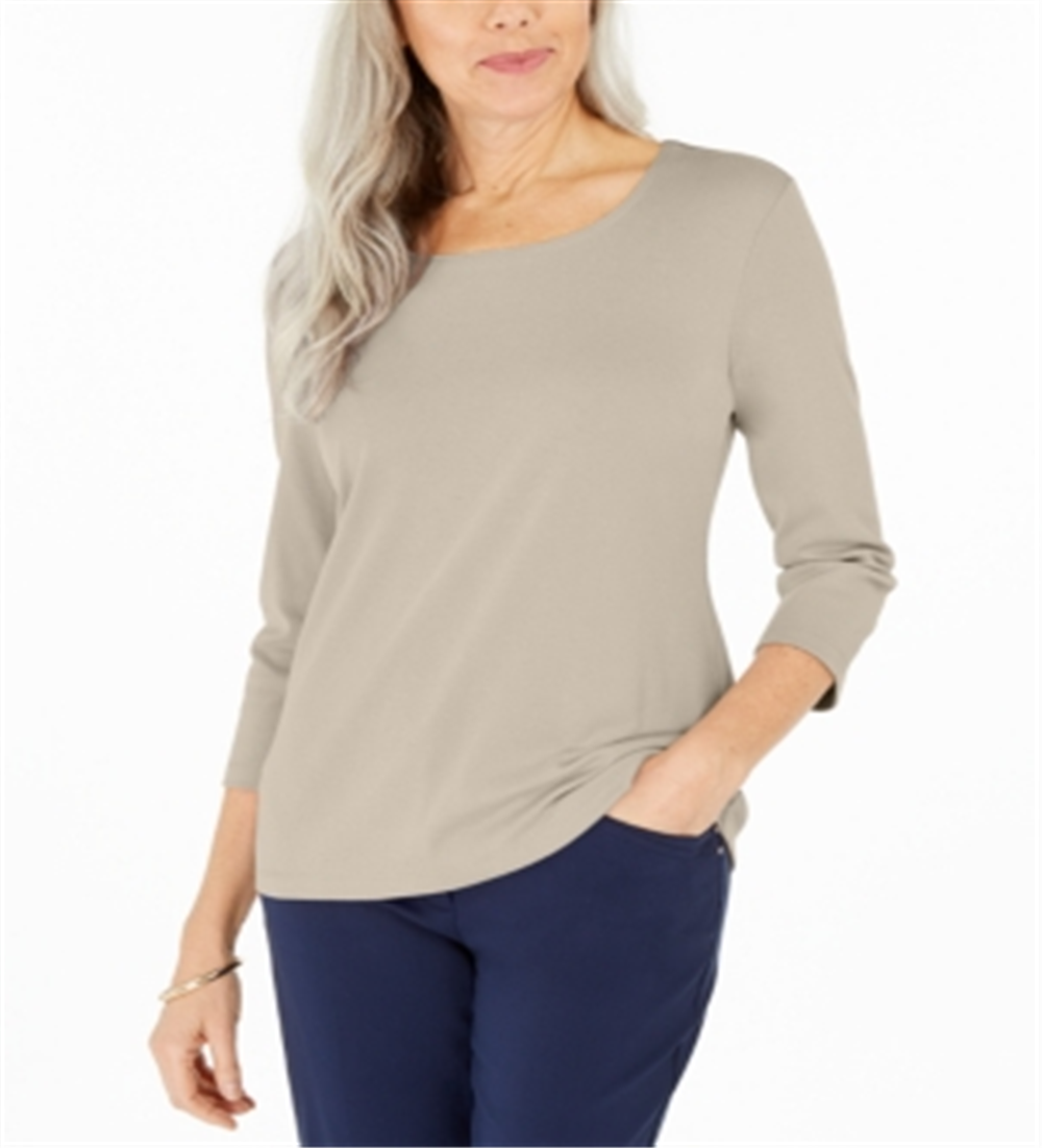 Blusa feminina Karen Scott de algodão com manga 3/4, marrom, tamanho pequeno