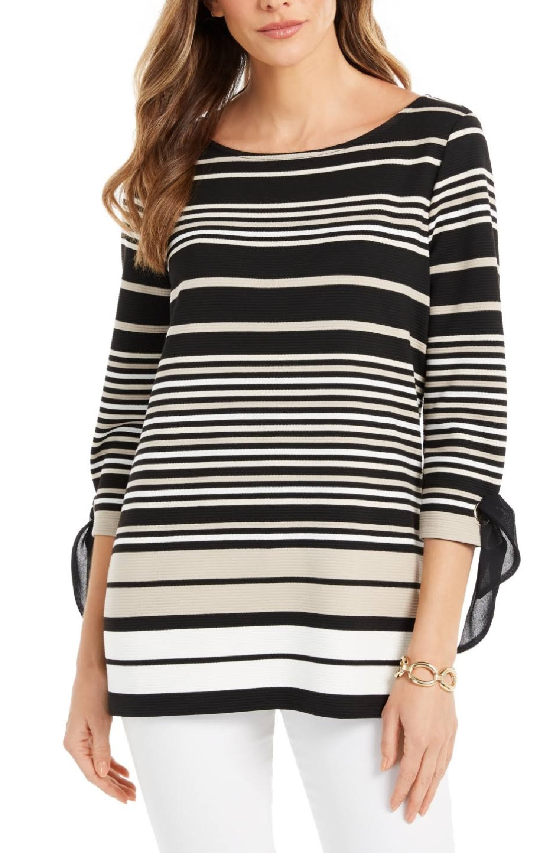 Top feminino listrado com manga amarrada Charter Club, preto, tamanho pequeno, extragrande