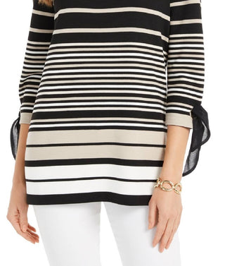 Top feminino listrado com manga amarrada Charter Club, preto, tamanho pequeno, extragrande