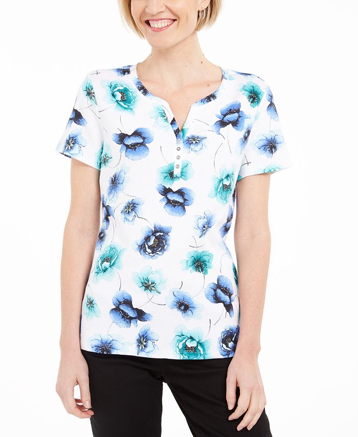 Karen Scott Top Henley Estampado Feminino Branco Tamanho Grande