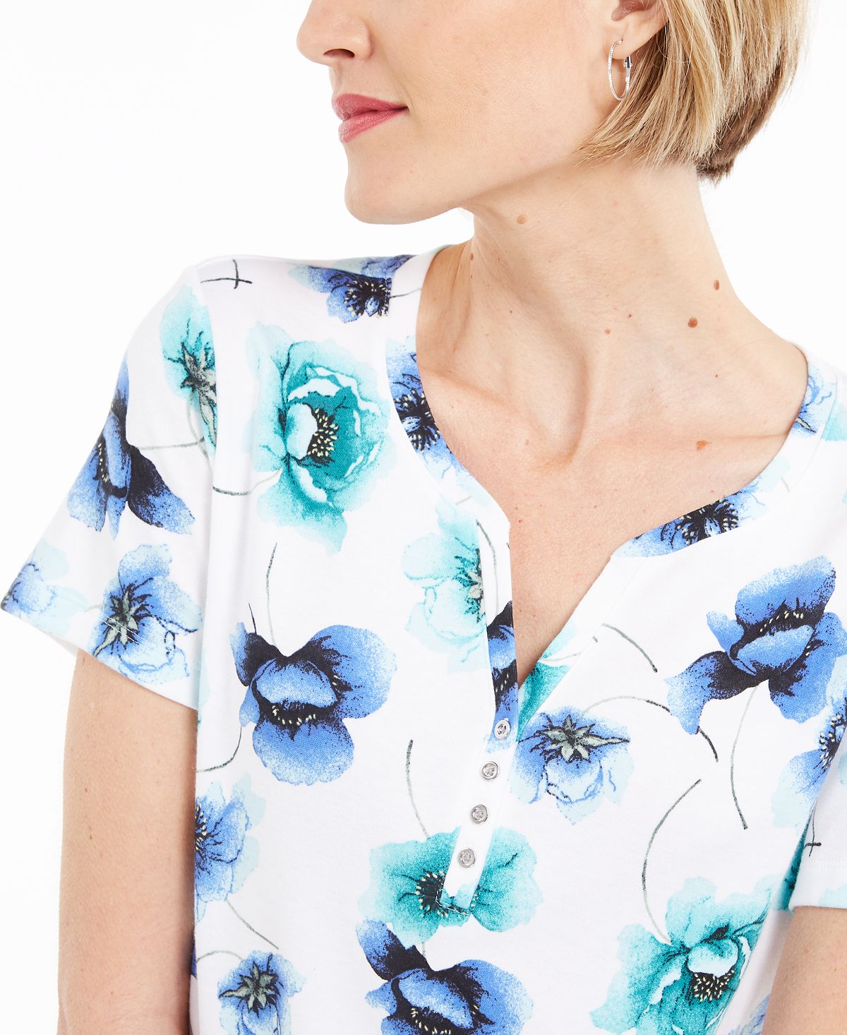 Karen Scott Top Henley Estampado Feminino Branco Tamanho Grande