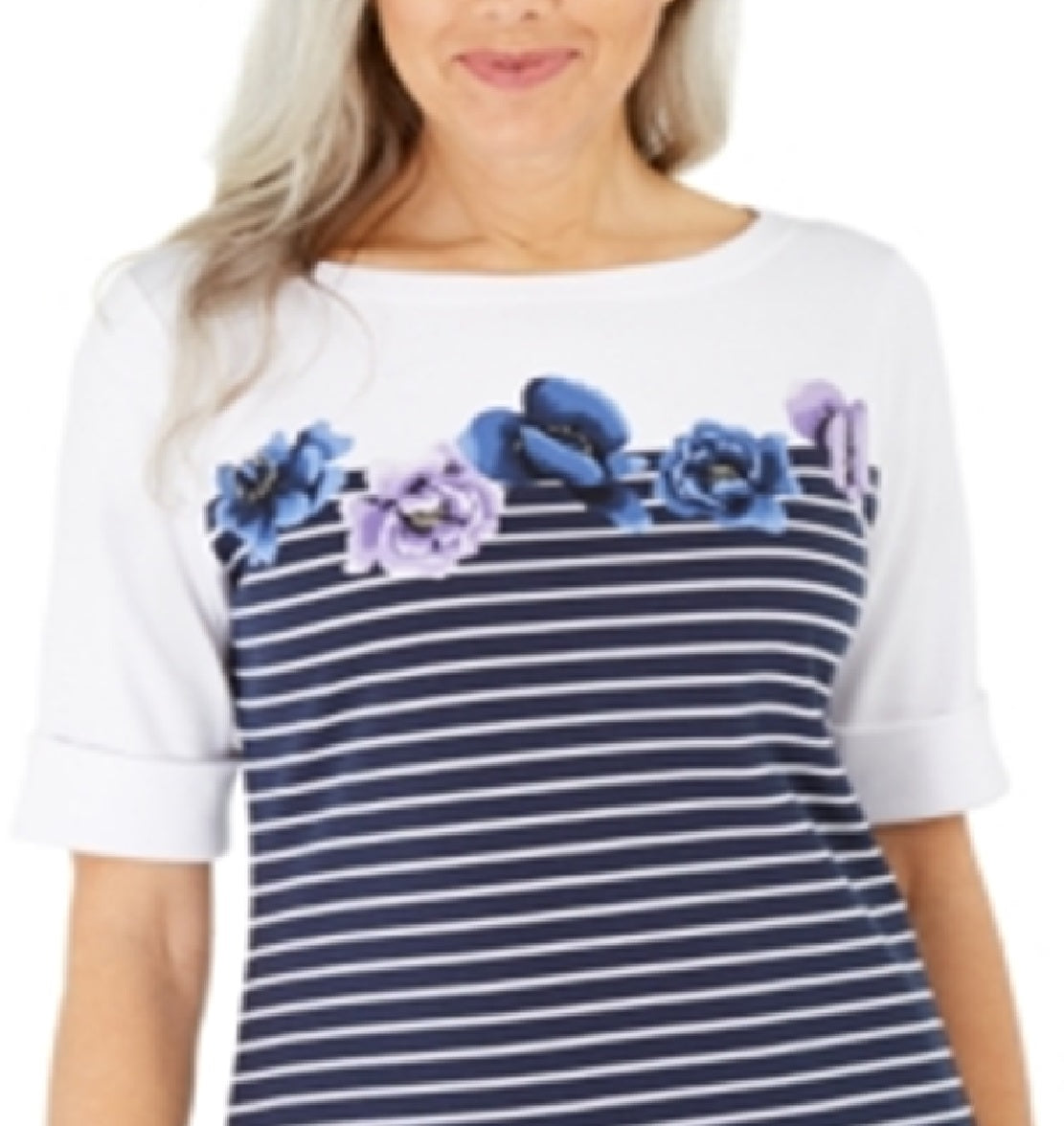 Karen Scott Blusa Feminina Estampada Manga Cotovelo Azul Tamanho Grande