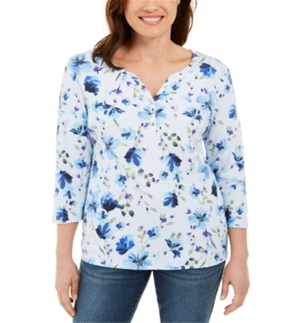 Karen Scott Blusa Henley Feminina Estampa Floral Azul Tamanho Pequeno Pequeno