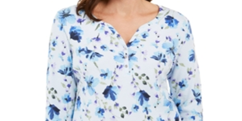 Karen Scott Blusa Henley Feminina Estampa Floral Azul Tamanho Pequeno Pequeno