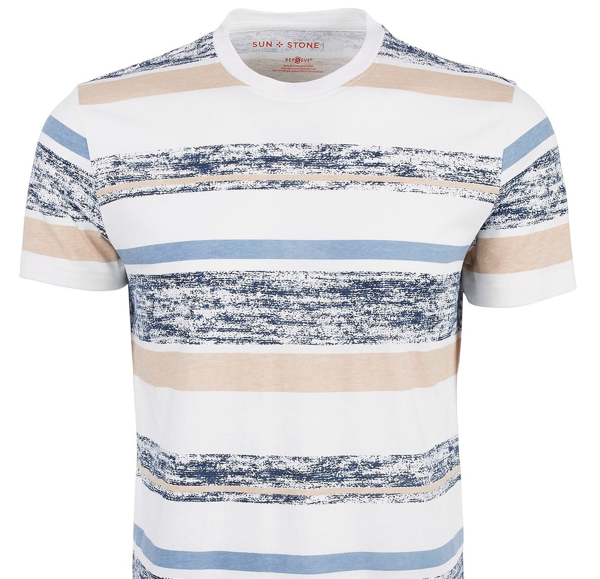 Camiseta listrada masculina Sun + Stone com textura variegada, azul, tamanho médio