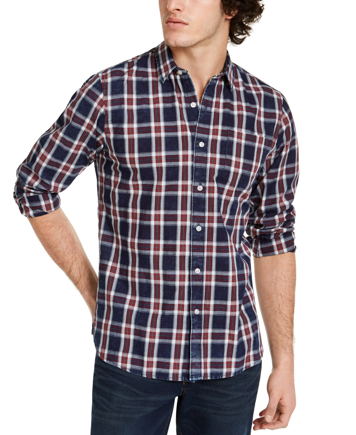 Camisa xadrez masculina Dio da Sun + Stone, azul, tamanho pequeno