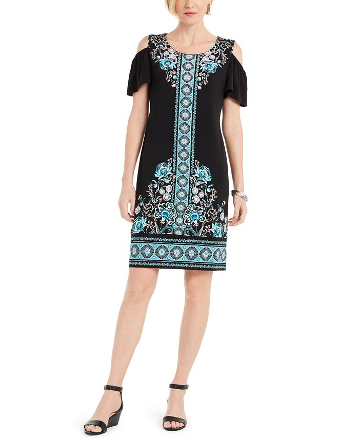 Vestido estampado com ombros descobertos e ajuste justo feminino JM Collection, preto, tamanho extragrande