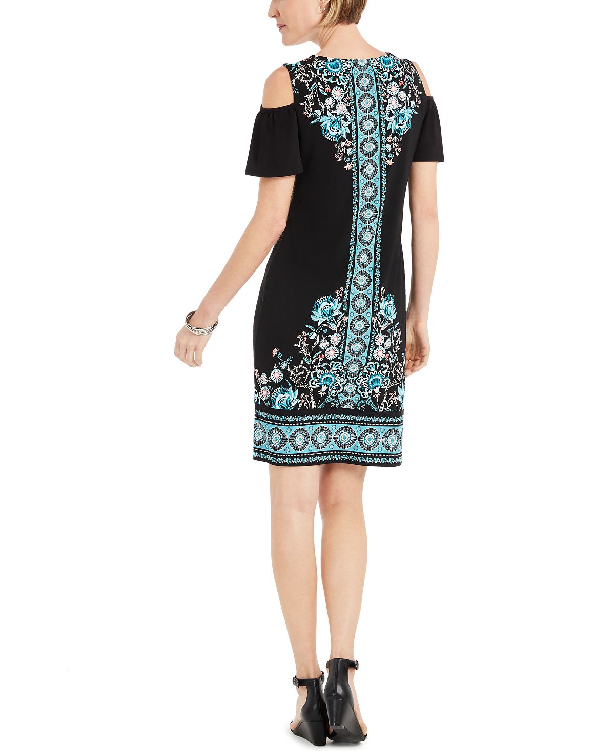 Vestido estampado com ombros descobertos e ajuste justo feminino JM Collection, preto, tamanho extragrande