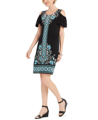 Vestido estampado com ombros descobertos e ajuste justo feminino JM Collection, preto, tamanho extragrande