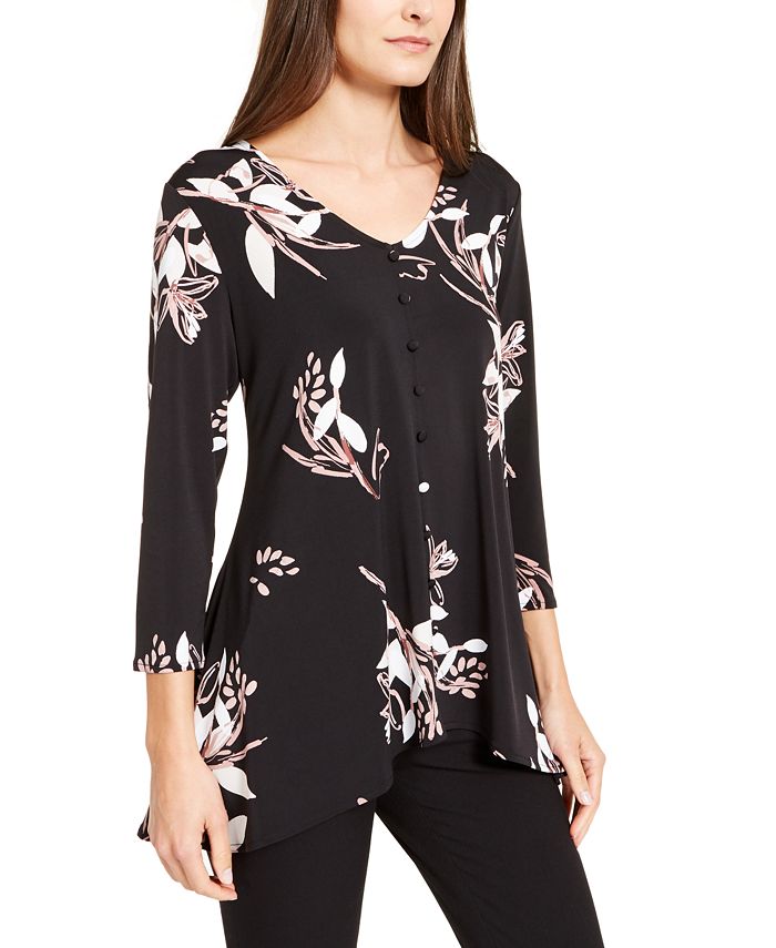 Blusa feminina Alfani floral de manga comprida e decote em V, preta, tamanho extragrande