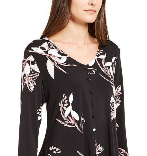 Blusa feminina Alfani floral de manga comprida e decote em V, preta, tamanho extragrande