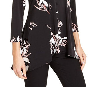 Blusa feminina Alfani floral de manga comprida e decote em V, preta, tamanho extragrande