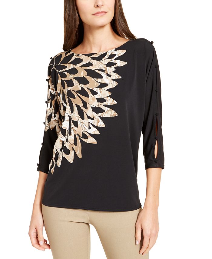 Blusa feminina Alfani com estampa de manga comprida e botões, tamanho médio, marrom