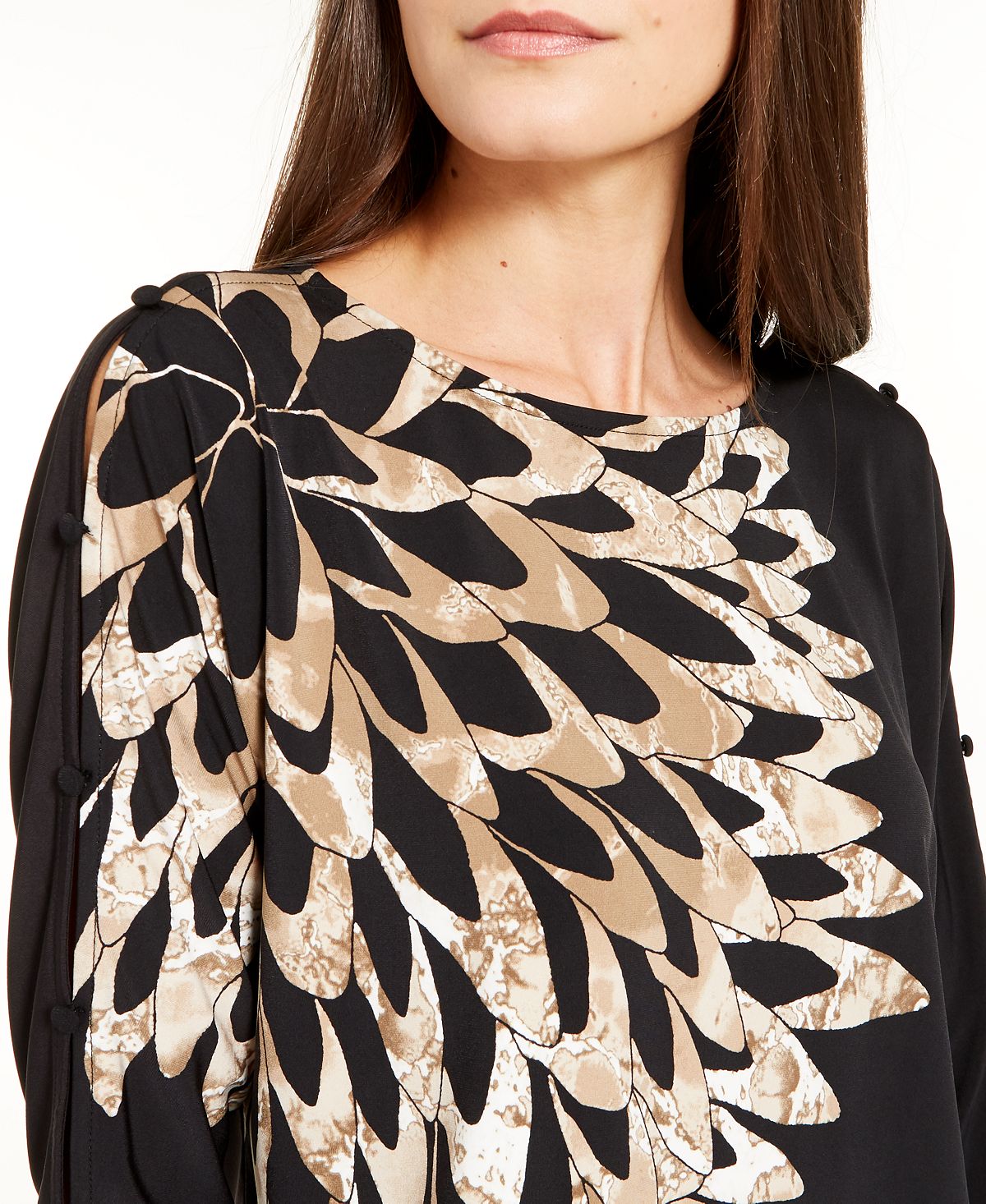 Blusa feminina Alfani com estampa de manga comprida e botões, tamanho médio, marrom