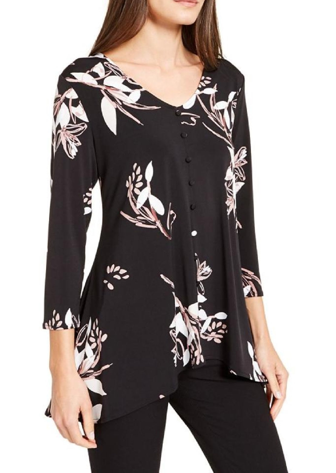 Blusa feminina Alfani com estampa de botões e acabamento em botões, preta, tamanho pequeno e pequeno