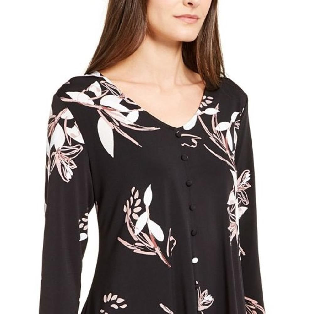 Blusa feminina Alfani com estampa de botões e acabamento em botões, preta, tamanho pequeno e pequeno