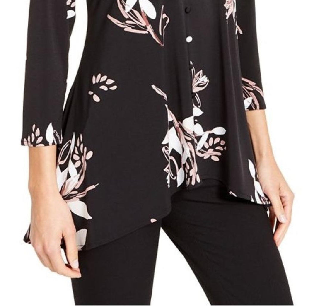 Blusa feminina Alfani com estampa de botões e acabamento em botões, preta, tamanho pequeno e pequeno