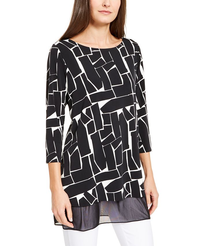 Blusa túnica feminina Alfani com acabamento em malha estampada, preta, tamanho pequeno